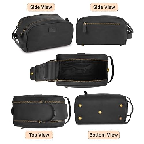 mds Genuine Leather Toiletry Bag for Men - Unisex Rustic Classic Vintage Handcrafted Full-Grain Leather Travel Dopp Kit with Waterproof Lining & Handle, Shaving & Grooming Kit Organizer Pouch - Black
