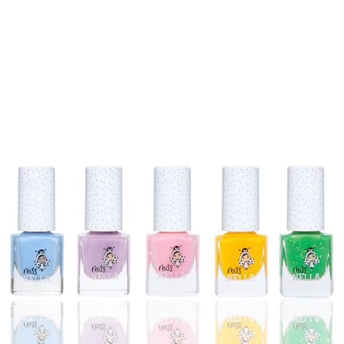 MISS NELLA SPRING IT ON 5 Varnish Pack- Blue Bell- blue, Butterfly Wings- lilac, Cheeky Bunny- pink, Honey Twinkles- yellow, Kiss The Frog- green, Peel Off kids nail polish