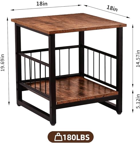 Rustic Brown Industrial End Table with Storage Shelf - 18x18 Inch Nightstand, Mini Fridge Stand, Bedside Table