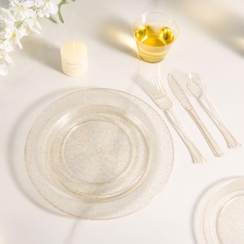 BESTVIP Gold Glitter Disposable Dinnerware Set for 100 Guests - Plastic Plates & Cutlery