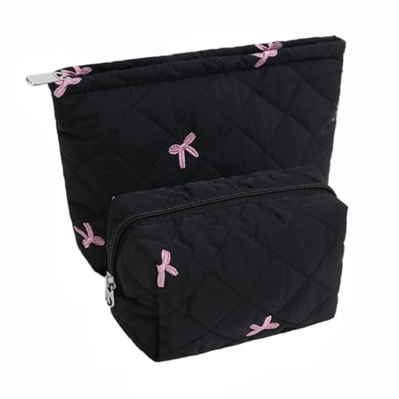 2Pcs Bowknot Makeup Bag Cute Bow Travel Cosmetic Bag Set for Women Girls Large Small Zipper Makeup Pouch for Purse Aesthetic Portable Toiletry Bag Organizer£¨Black£©