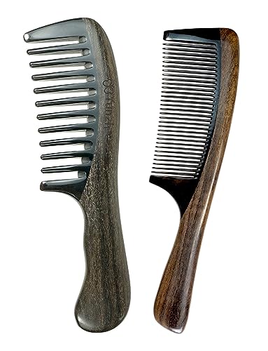 Buffalo Horn Comb Set - Fine and Wide Tooth Wooden Hair Combs for Men Women Variation of J-Wide Tooth & Fine Tooth