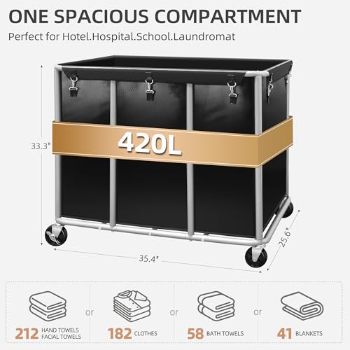 Storage Maniac Black Commercial Laundry Cart with 420L Capacity & Lockable Casters