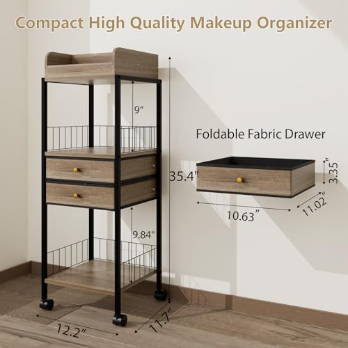 Makeup Organizer Cart Shelf Floor Skincare Organizers Make Up and Station Storage Cabinet For Vanity Standing Cosmetics With Drawers and Wheels For Nail Polish Perfume Hair Tool Beauty(Grey Oak)