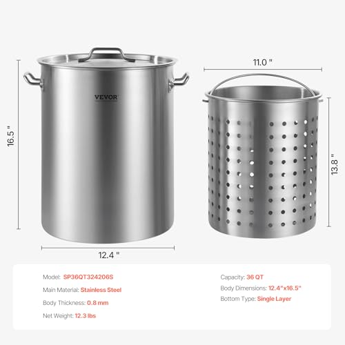 35.9 Quarts Stainless Steel Stockpot - Heavy Duty Commercial Cooking Pot with Lid & Basket