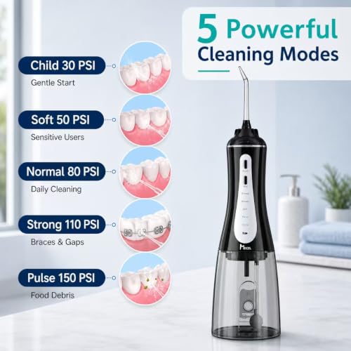 MOCEL Black Water Dental Flosser with 5 Modes & 6 Tips - Cordless IPX7 Waterproof 350ml