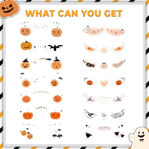 Halloween Face Temporary Tattoos, 14PCS Pumpkin Spider Bat Witch Freckles Tattoo Stickers, Halloween Face Makeup Tattoos for Kids and Women (6x3inch)