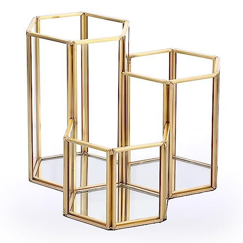 Hipiwe Glass Makeup Brush Holder 3 Slot Hexagon Large Gold Desktop Organizer