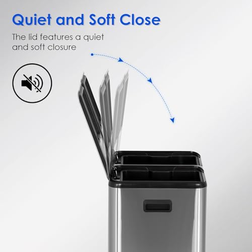 Stainless Steel Trash Can with Lid 16G (2x8G) - Fingerprint-Proof, Quiet Close, Odor Control - Variation: Stainless Steel / 8G x 2