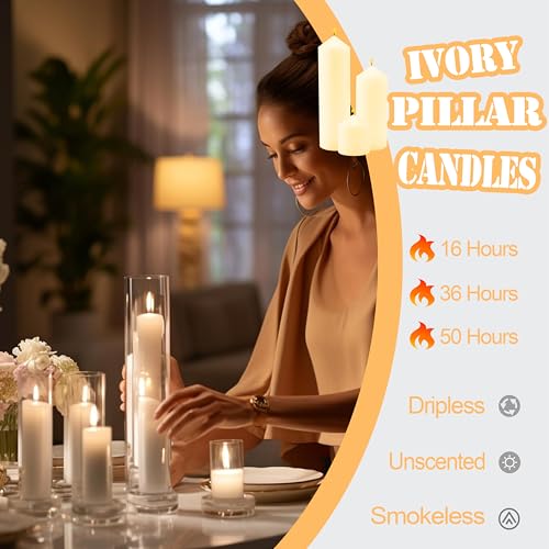 Ivory Pillar Candles Bulk Set - 36 Pcs 2x3/6/8 Inch Dripless Unscented