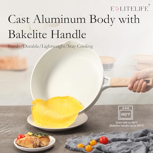 Ceramic Nonstick Skillet Set with Lids - 7 Pieces, Cream White, 8-11 Inch