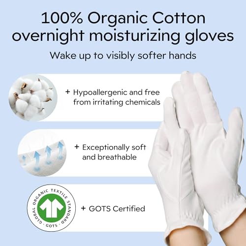 Clearbody Organics 100% Organic Cotton Gloves for Dry Hands Sleeping - Overnight Moisturization for Cracked, Sensitive and Rough Hands - Hypoallergenic, Soft and Breathable (5 Pairs, Size L)