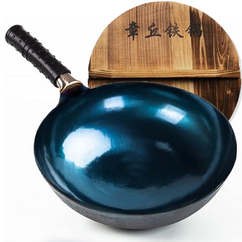 14-Inch Carbon Steel Wok Round Bottom with Wooden Lid & Rubber Handle - Gas Stove Ready, Traditional Chinese Cooking, 14in / Rubber Handle