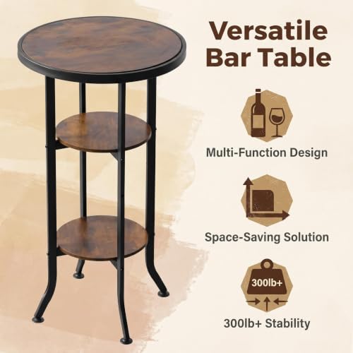 Bar Counter Height Table with 3-Tier Storage, Rustic Industrial Pub Table