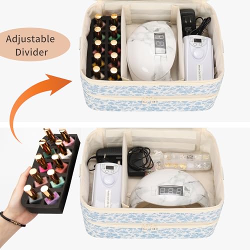 Blue Flower Nail Polish Organizer Bag Holds 50+ Bottles & UV Nail Lamp