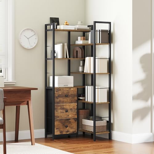 YATINEY Rustic Brown & Black Corner Bookshelf 7-Tier L-Shaped Storage Display