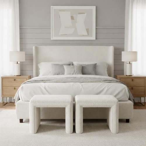 HomePop 19-Inch Cream Boucle Channel Tufted Ottoman - Modern Footstool, 18.5 x 18.5 x 16.5 Inches Variation of Cream Boucle