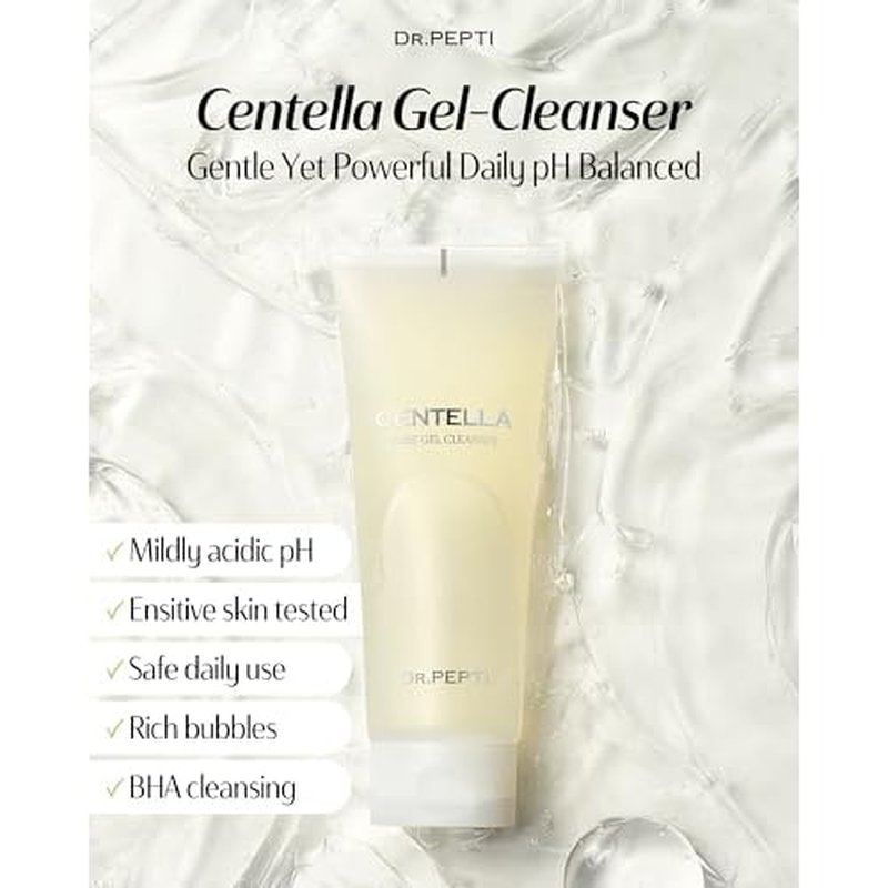 DR.PEPTI Centella Pure Gel Cleanser - Korean Face Wash Gentle Daily Cleanser for Sensitive Dry Skin with Salicylic Acid BHA Peptides - pH Balanced Gel to Bubble Wash, 6.76 fl.oz.