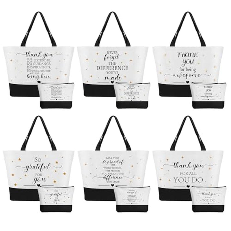 12 Pcs Thank You Canvas Tote Bag for Women Mother's Day Gifts Bags Inspirational Makeup Bag with Zipper Employee Appreciation Tote Bags for Mom Nurse Teacher Lady Team Coworker