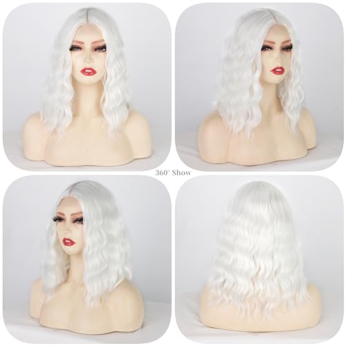 incohair Short White Wavy Wig - 14 Inch Shoulder Length Cosplay Wig for Women - Variation: White