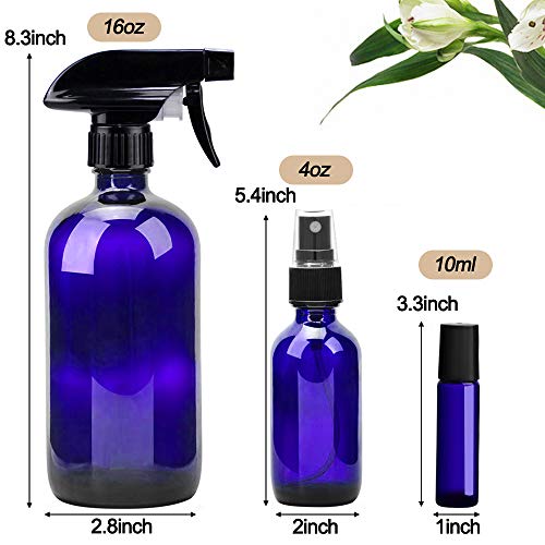 Blue Glass Spray Bottle Kit 10 Pieces - Reusable UV-Protective Mist & Roller Bottles for Aromatherapy & Household Use