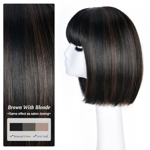 Highlight Brown Bob Wig with Bangs - Short Synthetic Wigs for Women Girl - Curly & Soft