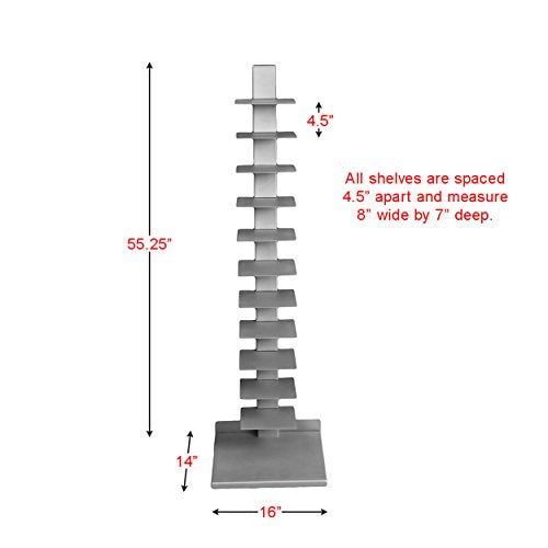 Silver Metal 11-Shelf Book Tower - Space Saving, Flippable Shelves