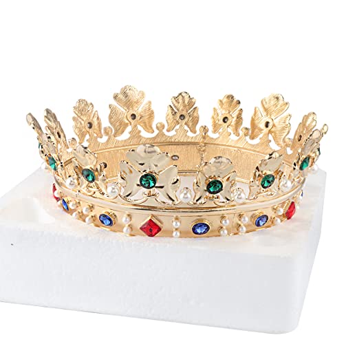 Small Size Baroque Royal Crown Men’s Hair Crown with Green Stone - Gold Finish