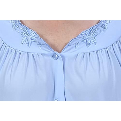 Miss Elaine PJ Set - Women's Nylon Tricot Pajama Set, Short Sleeves, Round Neckline with Embroidered Trim, Button Front Top