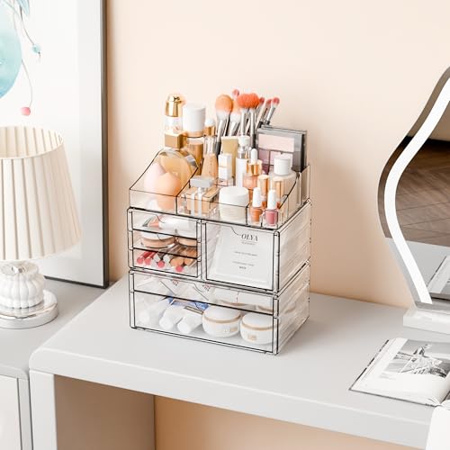Yieach 6-Drawer Clear Makeup Organizer for Vanity and Counter - Stackable Cosmetic Storage