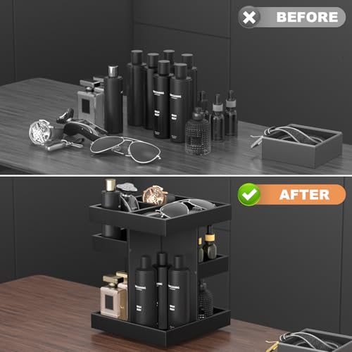 Black 360° Rotating Perfume & Grooming Organizer Stand - Large Wood Vanity Storage