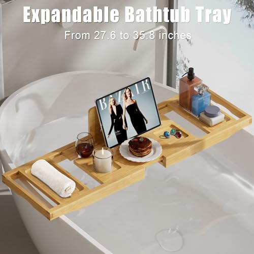 Promitop Natural Bamboo Expandable Bathtub Tray Caddy - Spa-Style Bath Accessory