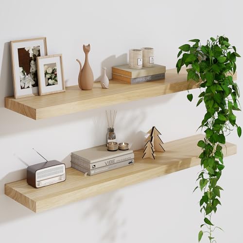Marsmiles Natural Finish 36-inch Wall Floating Shelves Set of 2, Rustic Wall Storage with Heavy-Duty Brackets
