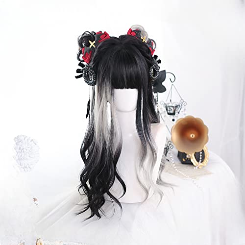 Osseoca Wavy Long Black & White Synthetic Hair Wig - Lolita Princess Style (Size 16)