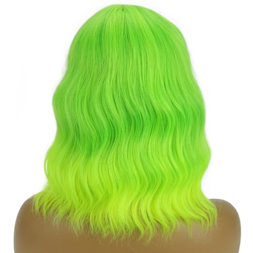 PATTNIUM Lime Green Short Wavy Wig for Women Girls - Fluorescent Synthetic Hair with Bangs