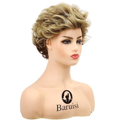 Short Fluffy Brown & Blonde Wigs for Women Natural Look Synthetic Curly Hair with Bangs