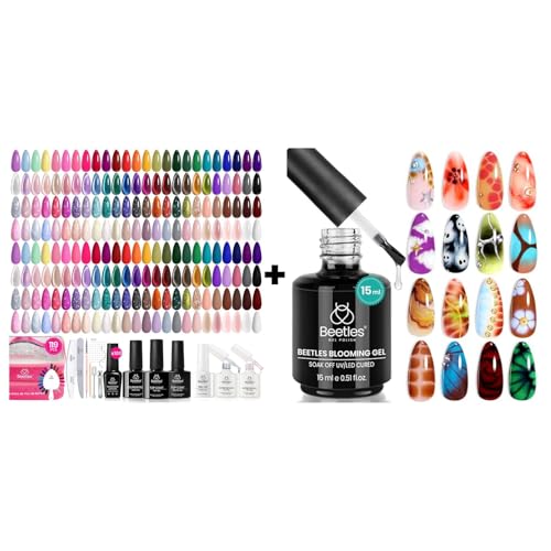 Beetles 100 Colors Gel Nail Polish Set, 119 PCS Kit All Season Cat Eye Pink Blue Jelly with Blooming Gel 15ml Clear Uv Led Blossom Nails for Spreading Effect Marblee