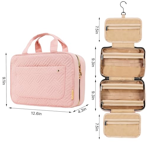 Carrywell (Not Made In China) Toiletry Bag Travel Bag with Hanging Hook, Makeup Organizer Case, Water-Resistant Cosmetic Bag For Full-size Containers, Toiletries, Pink Large+