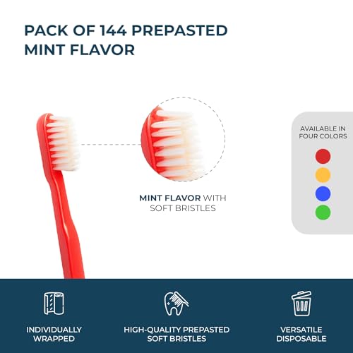 Disposable Pre-Pasted Toothbrushes with Mint Gel - 144 Pack for Travel & Hospitality
