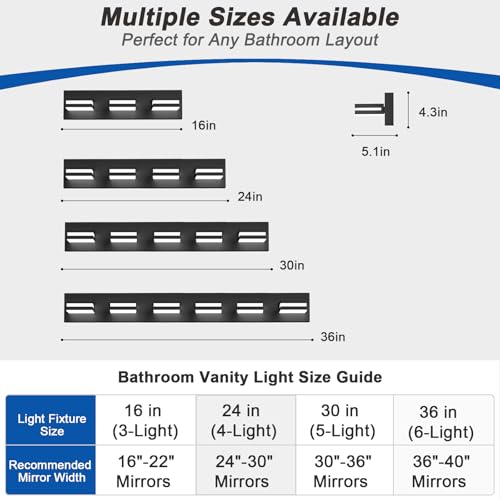 Black 5-Light Dimmable Bathroom Vanity Light Fixture - 360° Rotatable, Matte Black Acrylic Wall Sconce, Over Mirror LED Lighting - 30 Inch