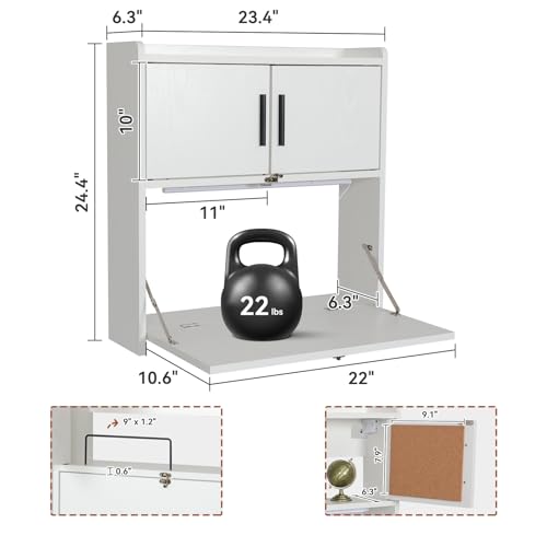 ARTETHYS White Wall-Mounted Folding Desk with LED Light and Storage
