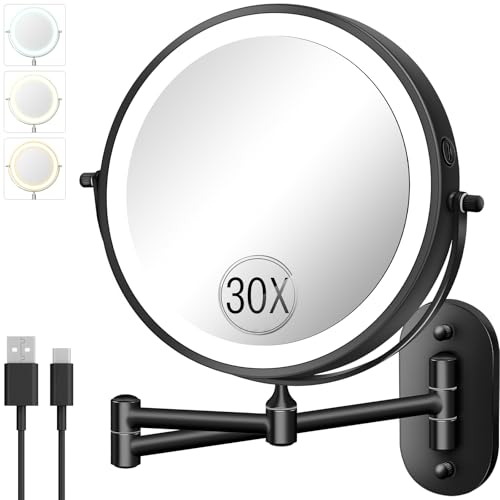 VFD 8-Inch Black Wall Mounted Lighted Magnifying Makeup Mirror with 30X/1X Dual Sides