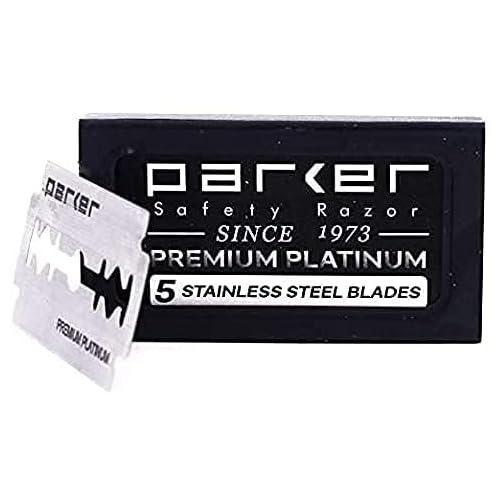 Parker 71R Medium Weight Long Handle Double Edge Safety Razor with 5 Parker Platinum Stainless Steel Razor Blades - Black Electroplated Brass Handle
