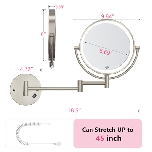 Wall Mounted Makeup Mirror with Lights, 30X/1X Double-Sided Magnifying, Plug-in Lighted Vanity Mirror with 3 Color Modes, Dimmable Brightness, 360¡Æ Swivel Extendable Arm for Bathroom & Grooming