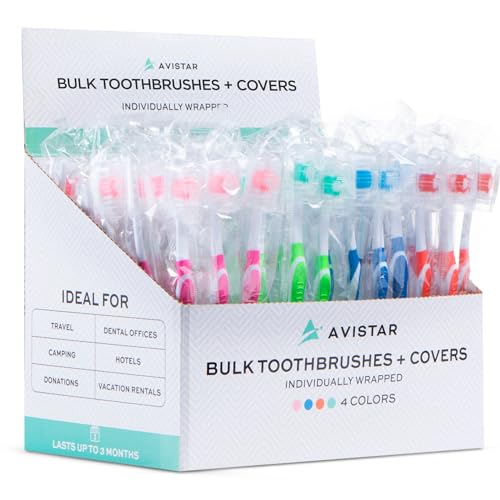 Avistar 104 Pack Mix - Individually Wrapped Med-Soft, Large-Head Disposable Travel Toothbrushes with Covers (4 Colors)