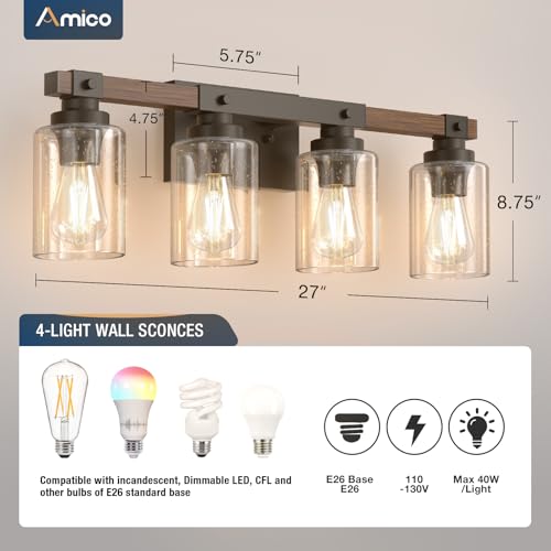 Amico 4-Light Farmhouse Bathroom Vanity Light - Seeded Glass, Black & Wood - Rustic Style