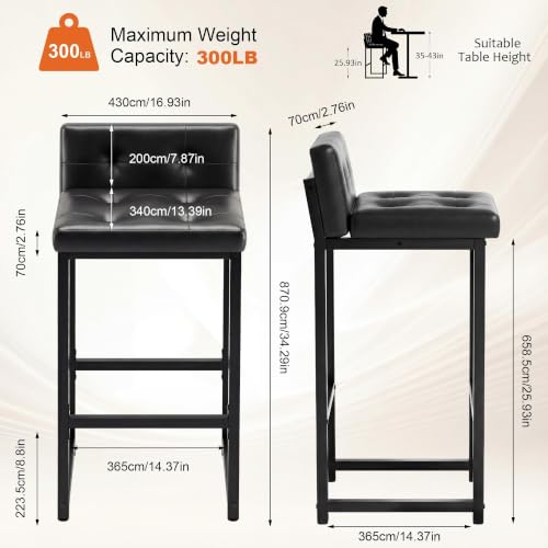 Black Counter Height Bar Stools Set of 2 with Back & Metal Legs - Faux Leather
