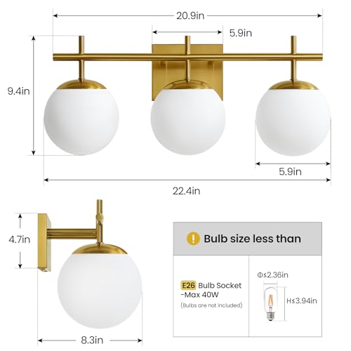 Gold 3-Light Bathroom Vanity Light Fixture Over Mirror - Modern Wall Sconce with Milky White Globe Shades - 22.4 Inch