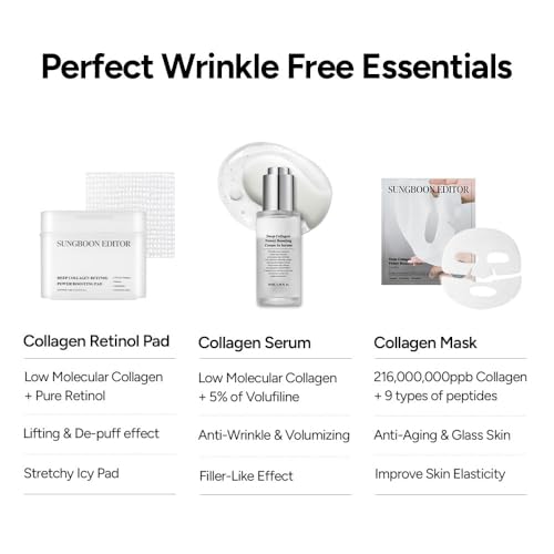 SUNGBOON EDITOR smooth-looking Essentials: Deep Collagen Mask(4ea) & Boosting Pad & Cream in Serum, Hydrating for Sensitive Skin, Fine Line Care, Low molecular weight collagen for elasticity and sooth