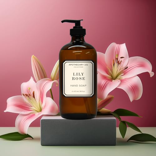 Apothecary 101 Glass Hand Soap Set, Sea Salt Verbena, Huckleberry, Lily Rose, Coconut Citrus, 16 Fl Oz Bottles, Home and Body Company